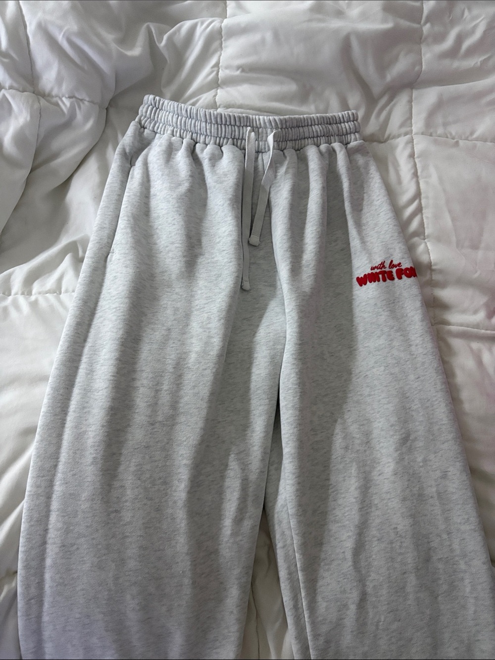 White fox white sweatpants joggers with love collection